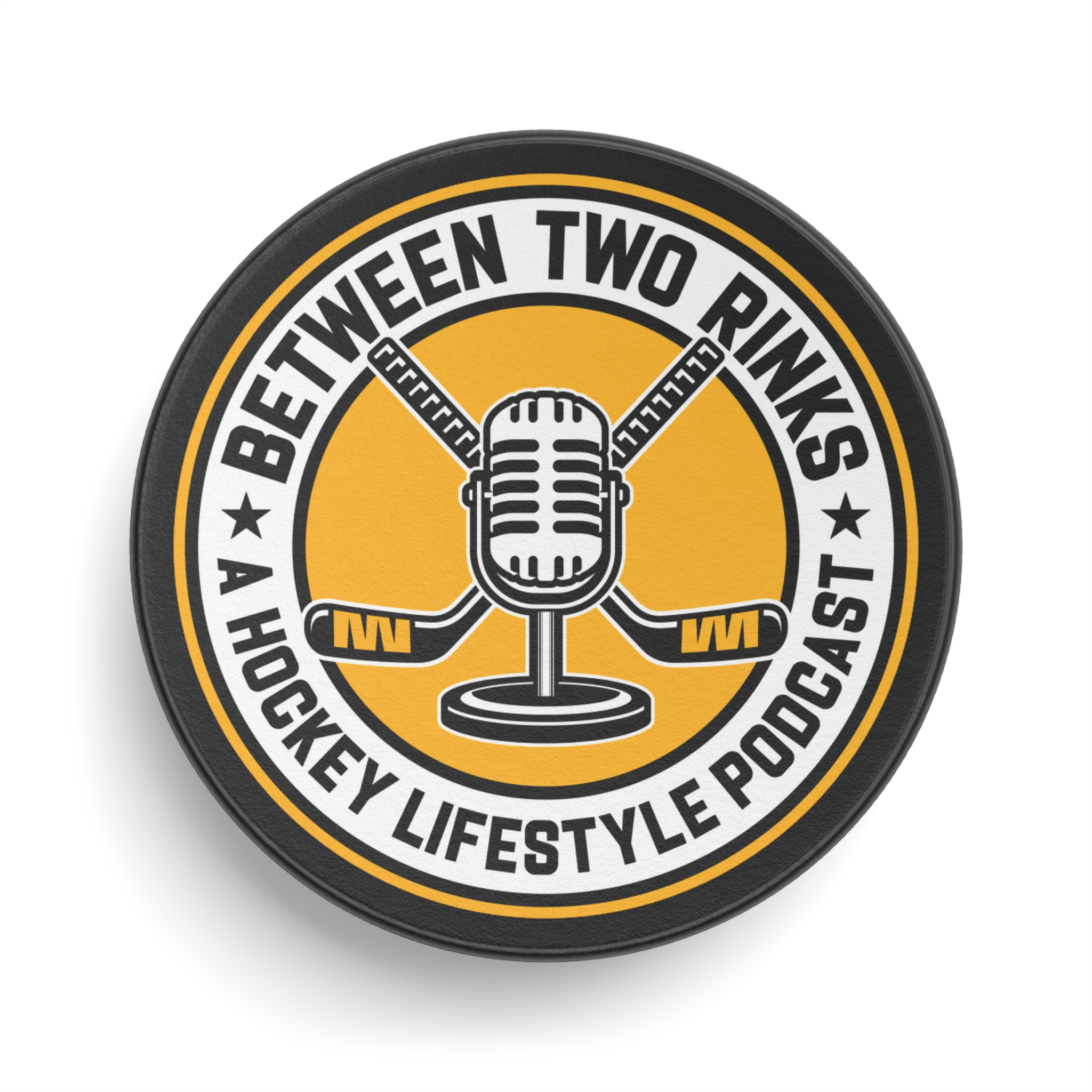 Between Two Rinks Hockey Puck — A Hockey Lifestyle Podcast Logo Puck