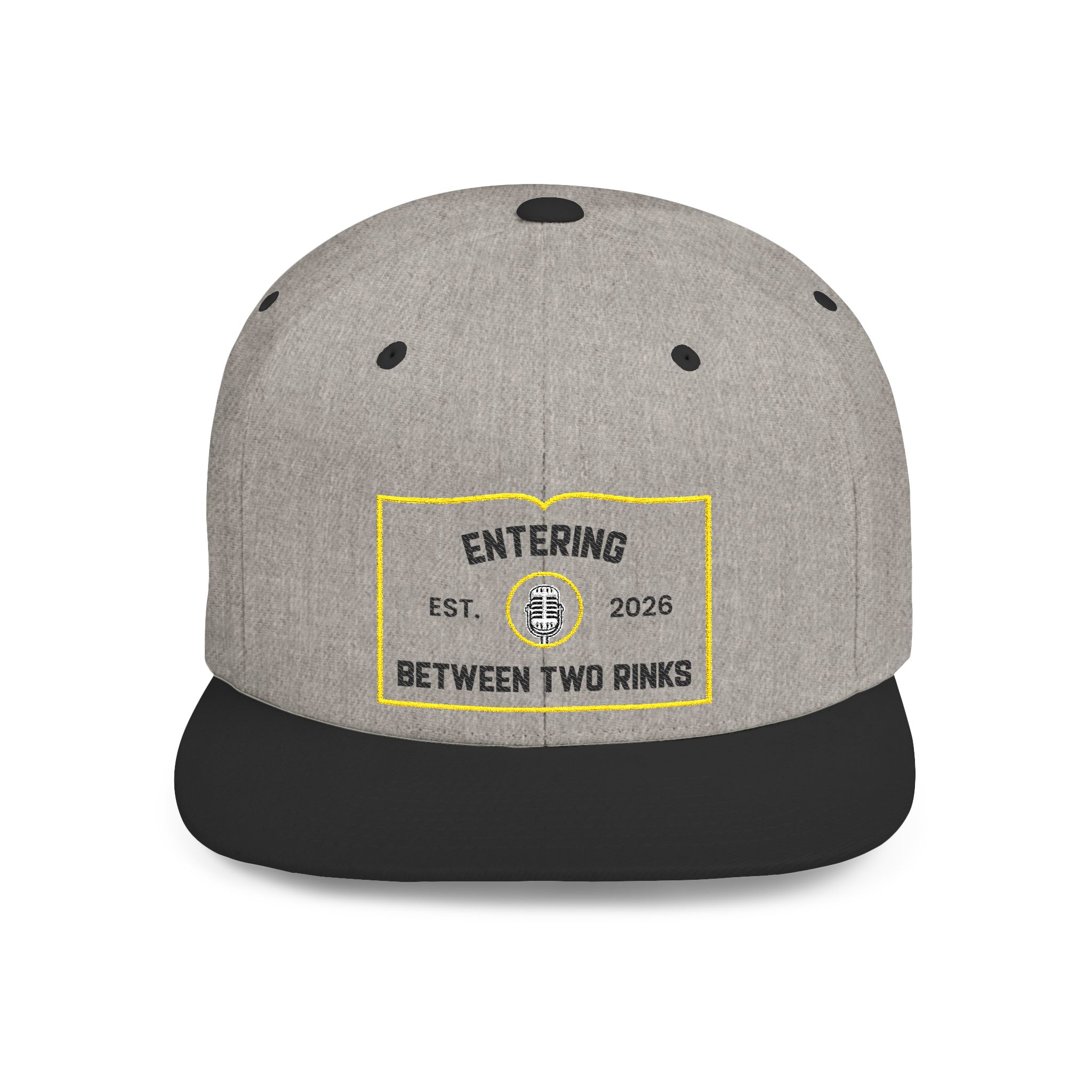 Flat Bill Snapback Hat — “Entering Between Two Rinks” Embroidered Hockey Cap
